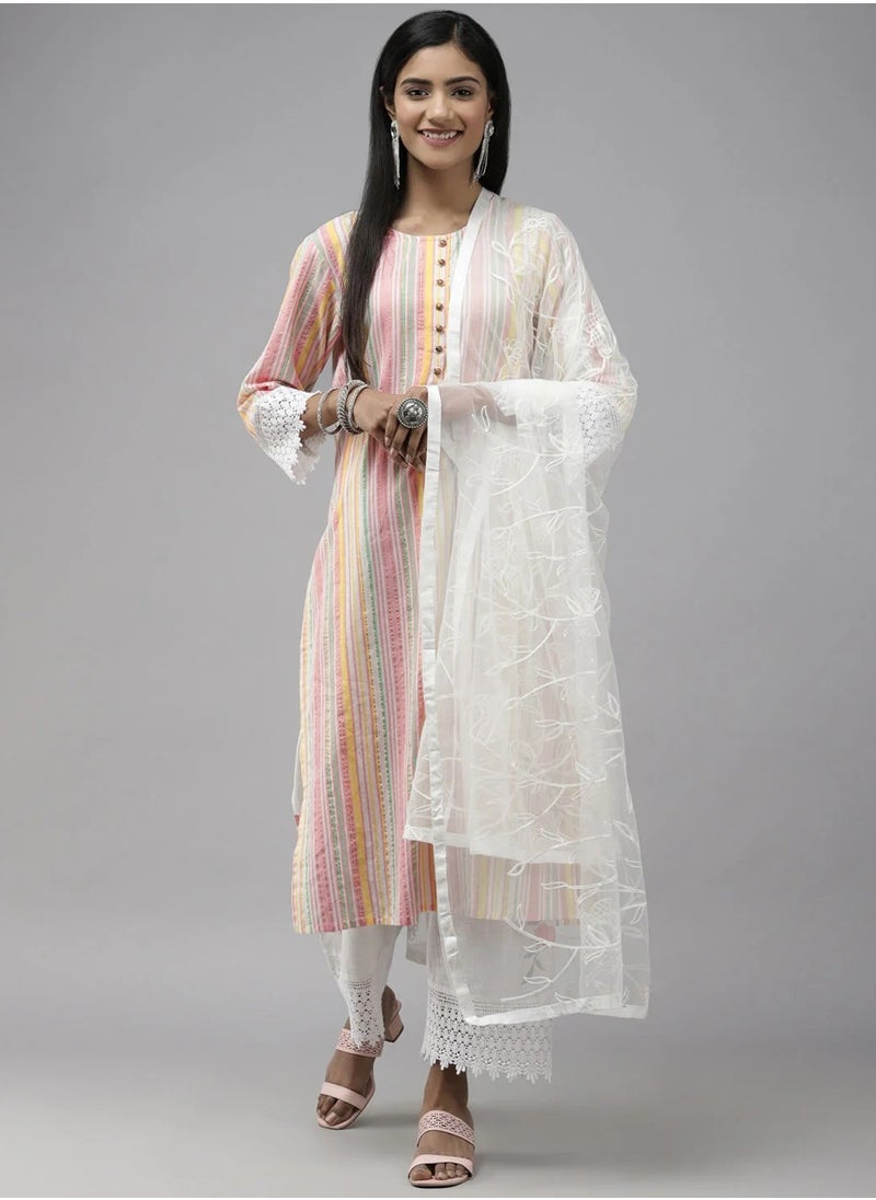 Multicolor Cotton Striped 3-Piece Kurta Set