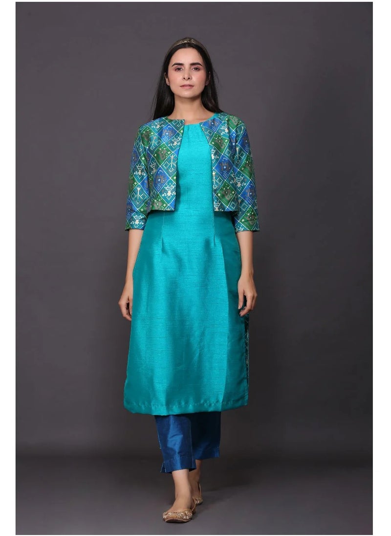 Blue Kurta Set With Patola Jacket