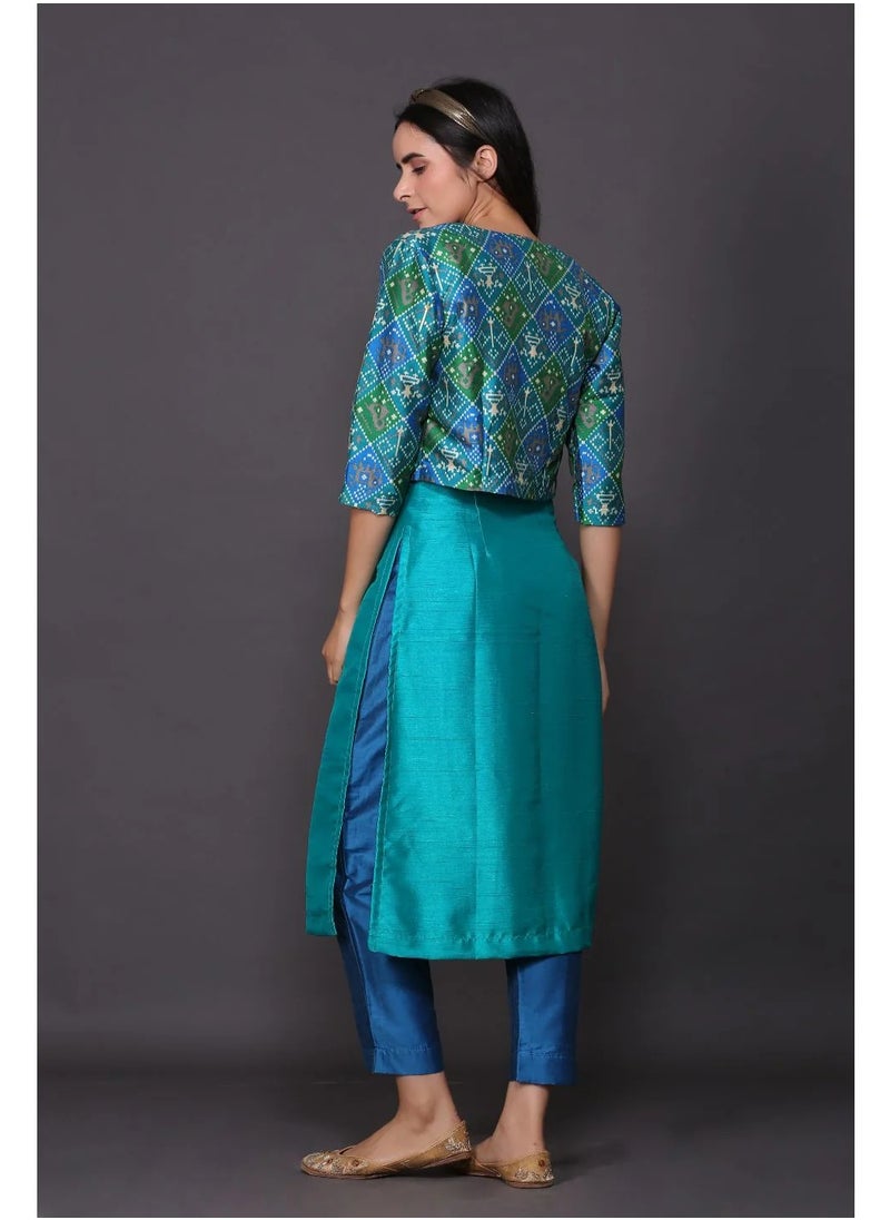 Blue Kurta Set With Patola Jacket