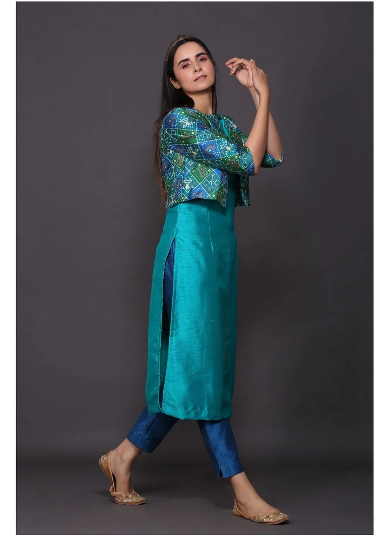 Blue Kurta Set With Patola Jacket