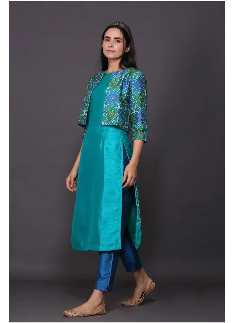 Blue Kurta Set With Patola Jacket