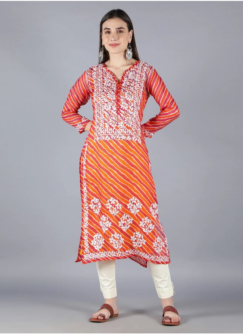 Orange Kota Leheriya Print Chikan Kurta Set