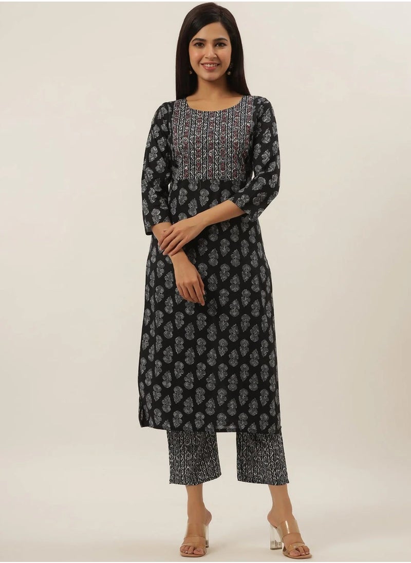 Black Cotton Yoke Design 2-Piece Kurta Set