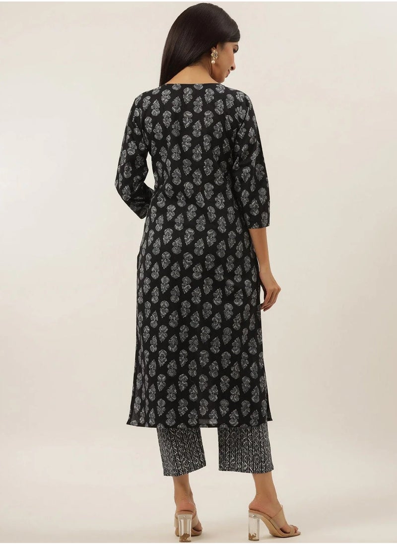 Black Cotton Yoke Design 2-Piece Kurta Set