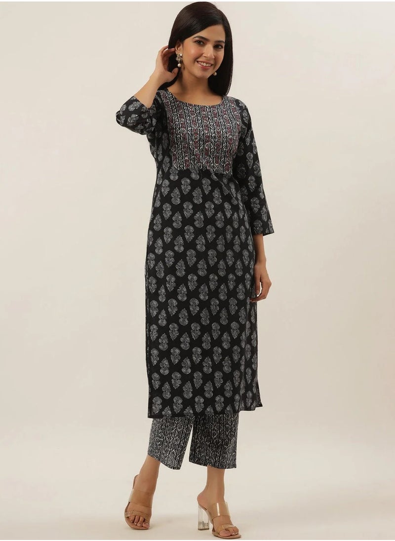 Black Cotton Yoke Design 2-Piece Kurta Set