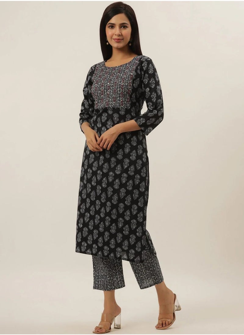 Black Cotton Yoke Design 2-Piece Kurta Set