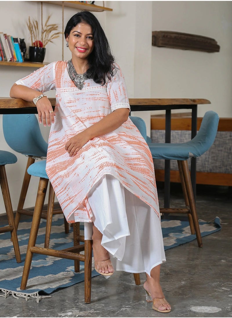 Orange & White Shibori Assymetrical Kurta Set