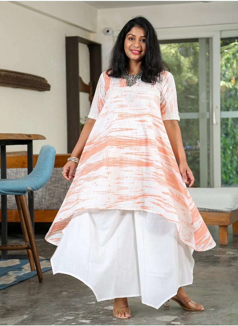 Orange & White Shibori Assymetrical Kurta Set