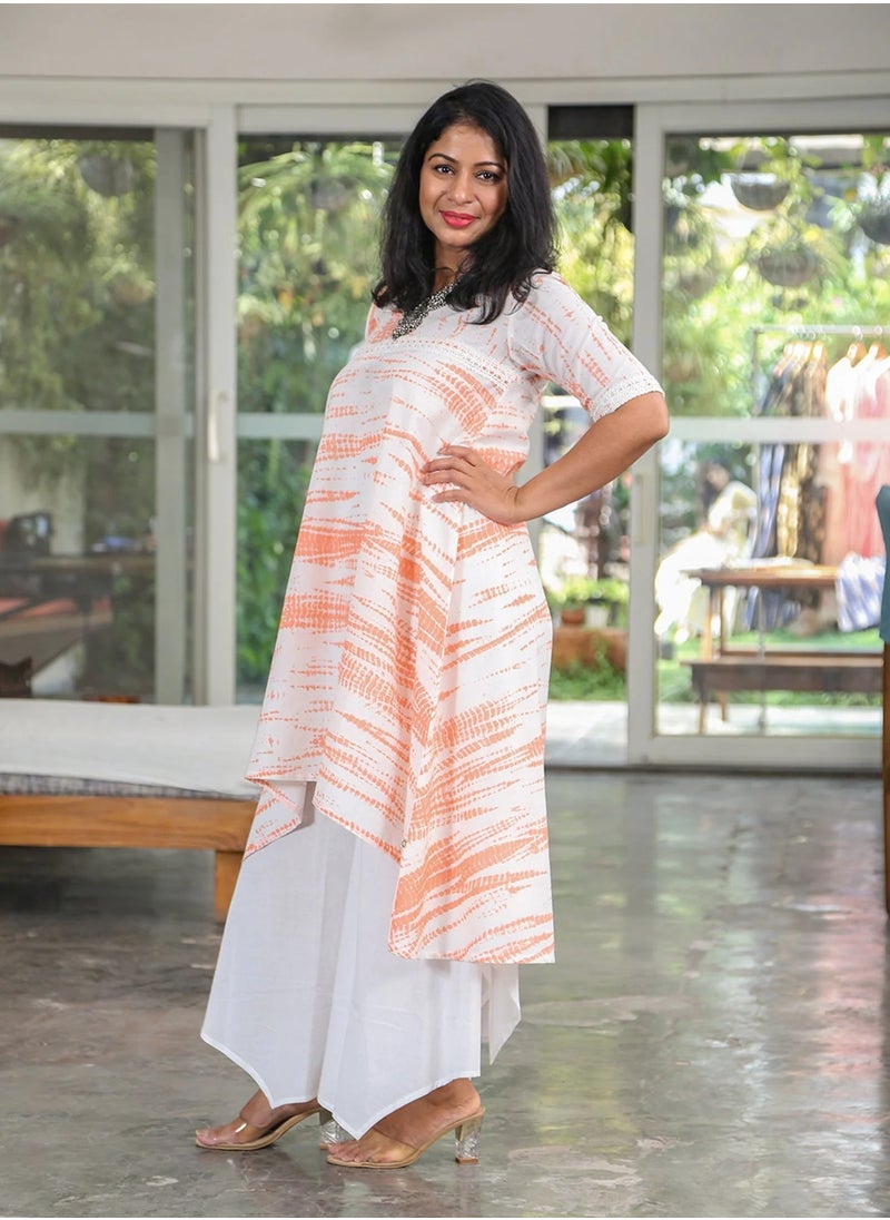 Orange & White Shibori Assymetrical Kurta Set