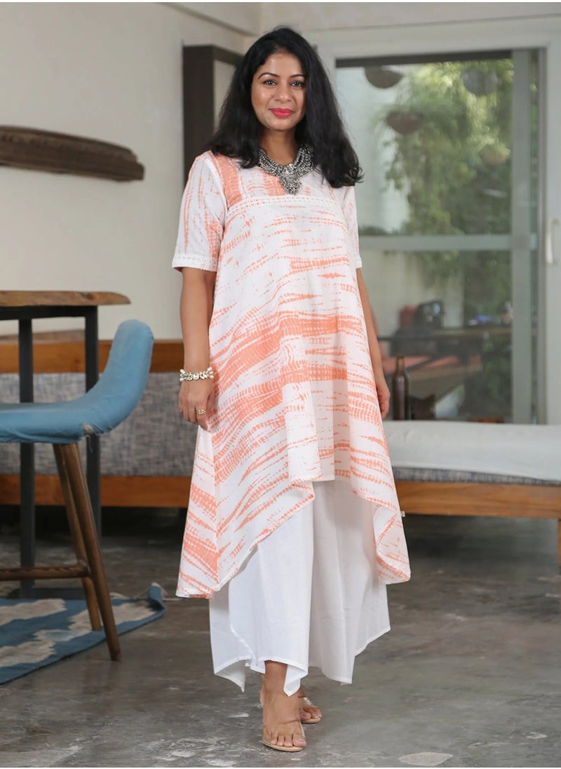 Orange & White Shibori Assymetrical Kurta Set