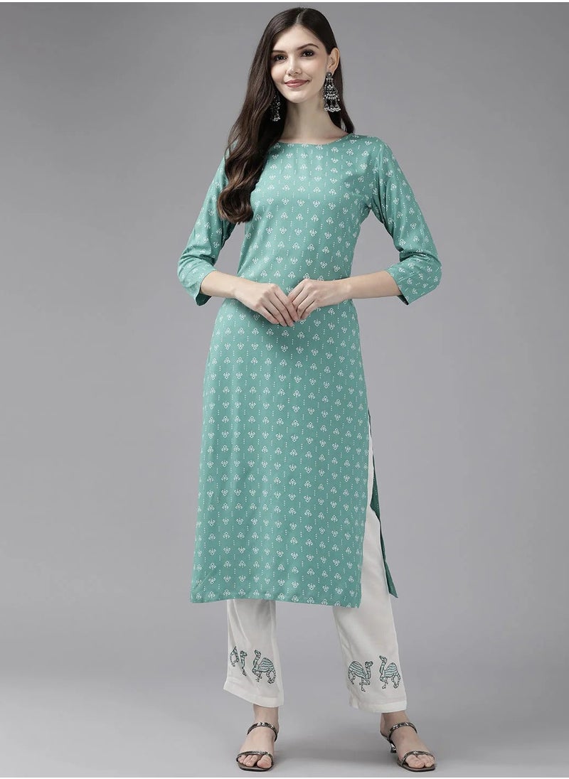 Green Viscose Rayon Printed 2-Piece Kurta Set