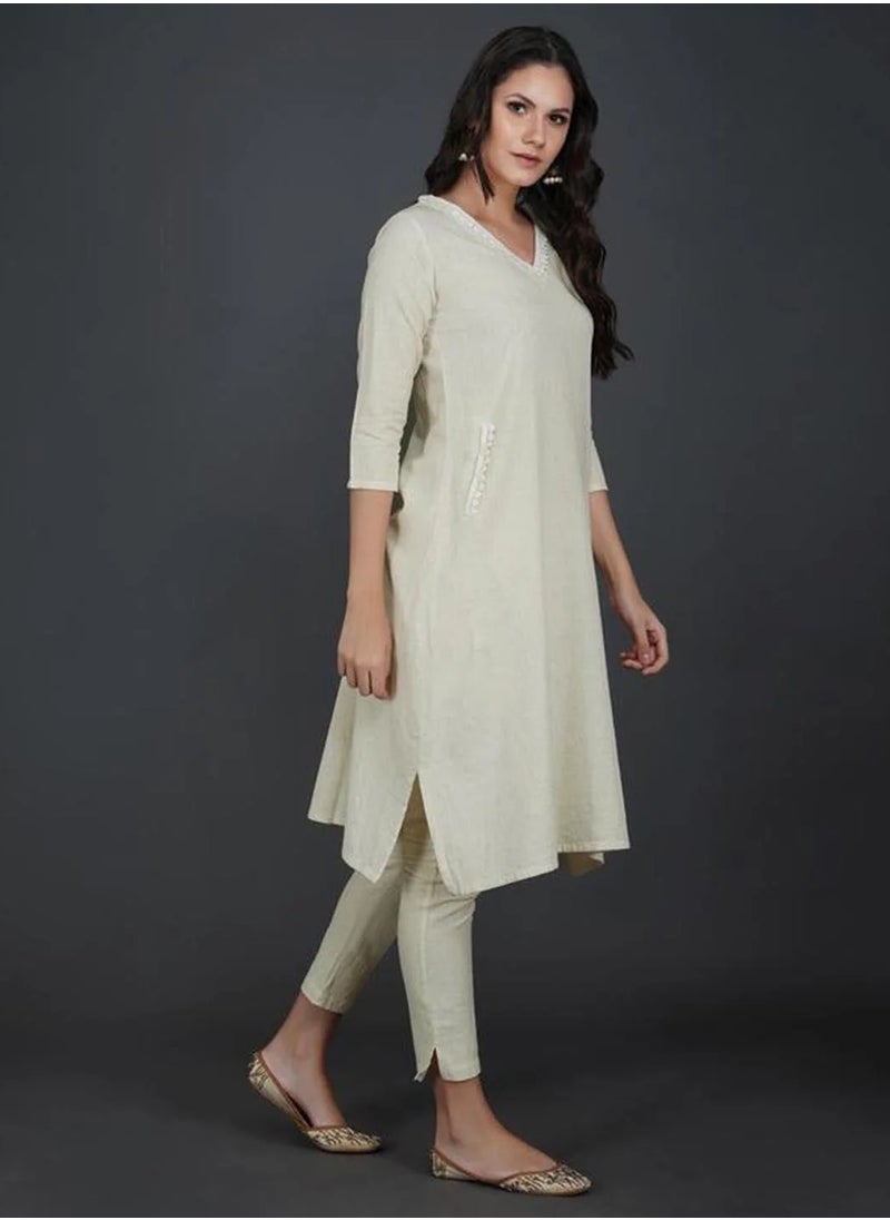 V Neck Kurta With Lace & Flex Pant