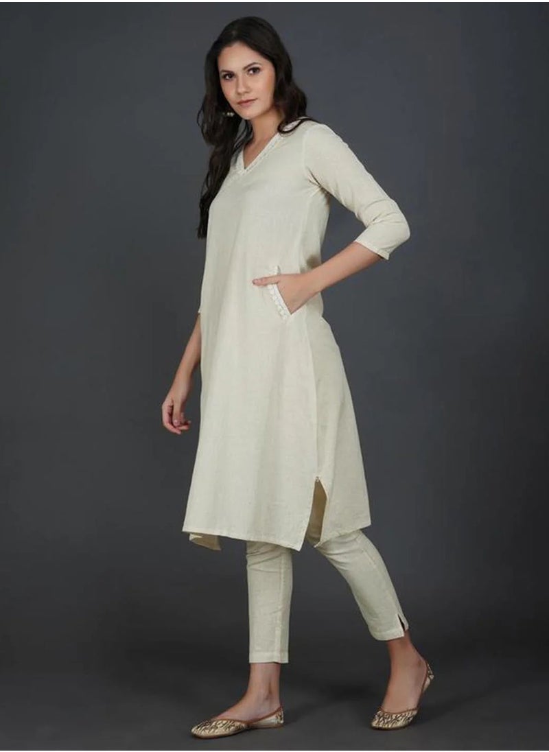 V Neck Kurta With Lace & Flex Pant