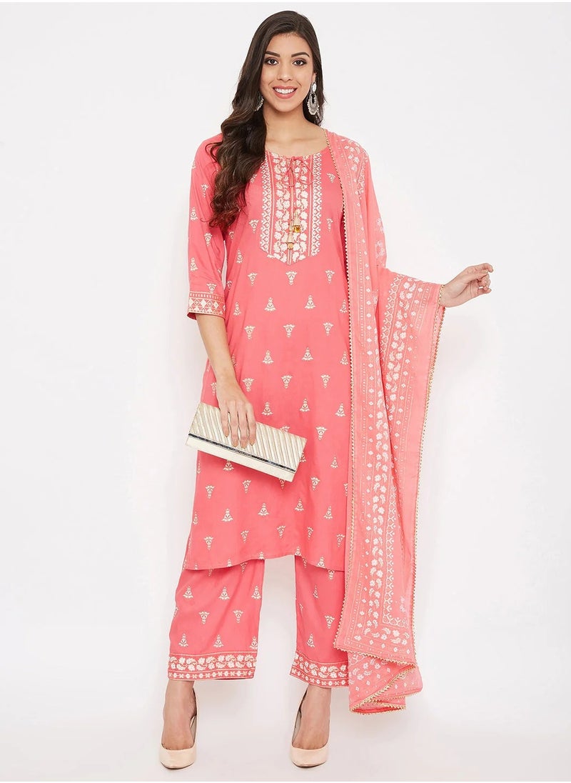 Pink Off-White Kurta With Palazzos Dupatta