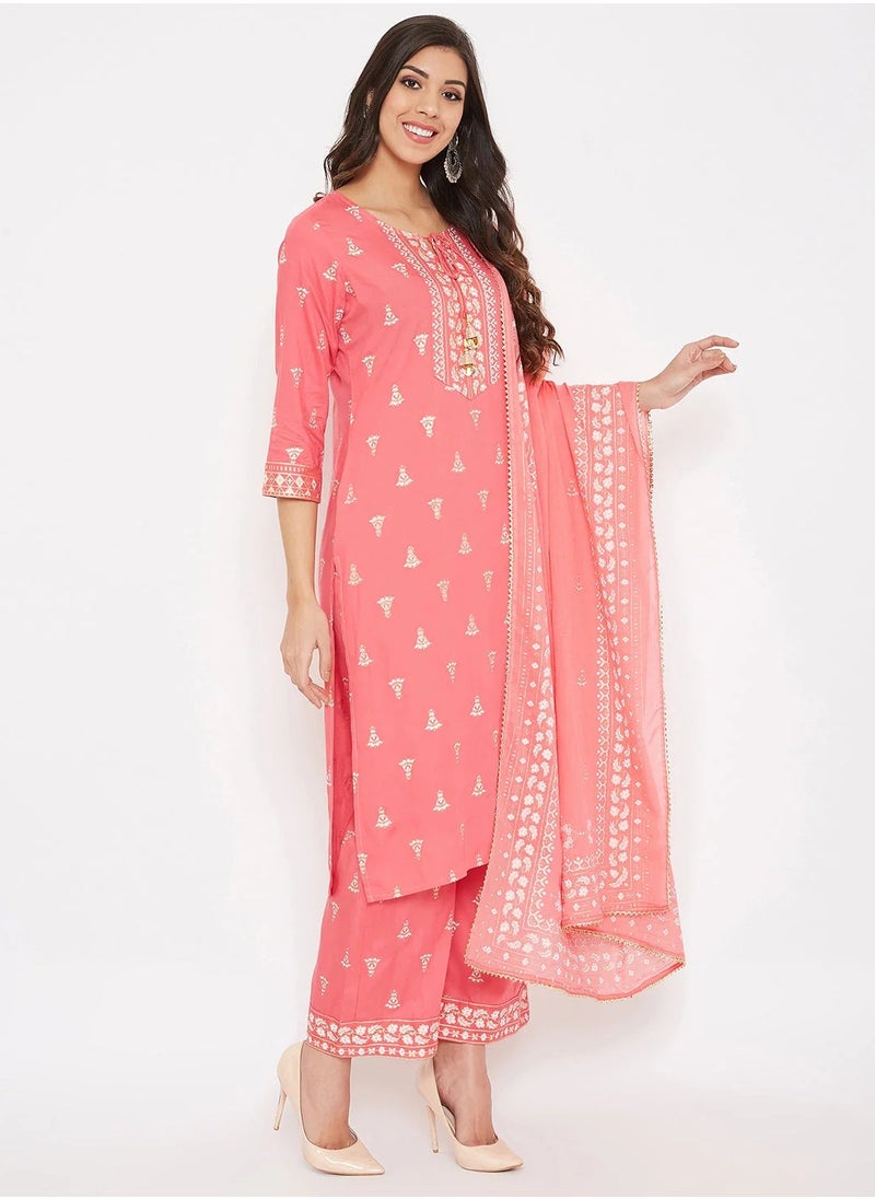 Pink Off-White Kurta With Palazzos Dupatta