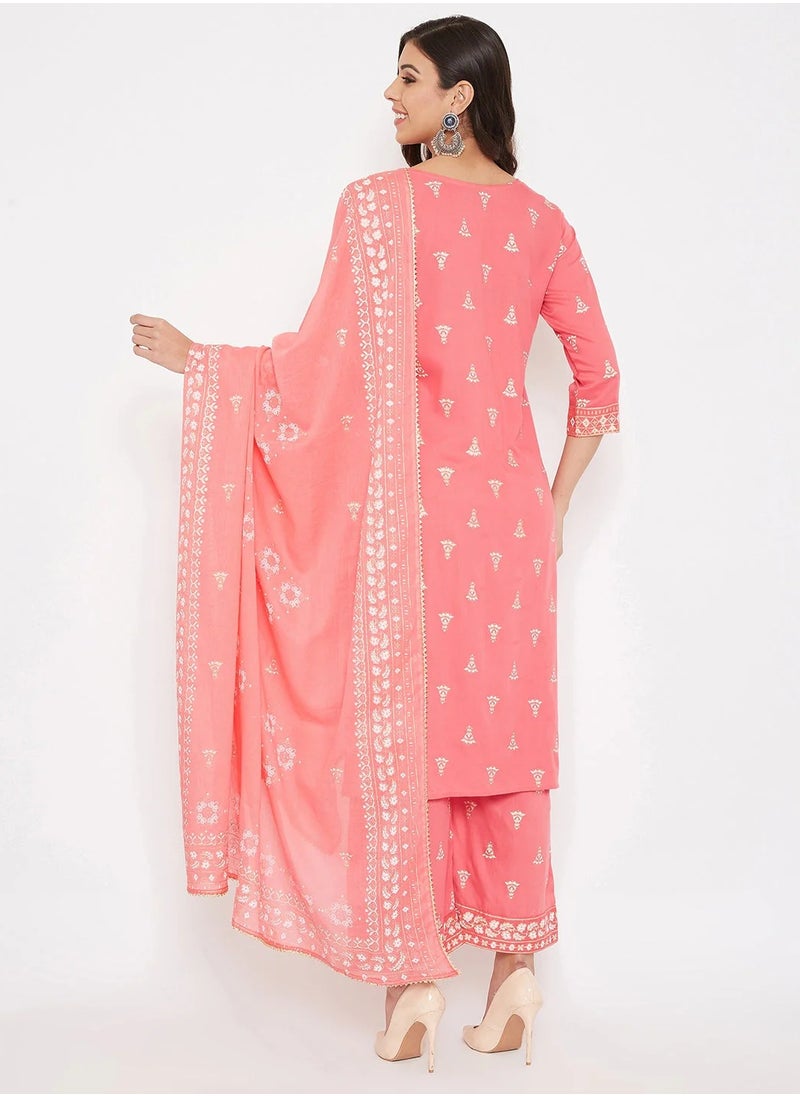 Pink Off-White Kurta With Palazzos Dupatta