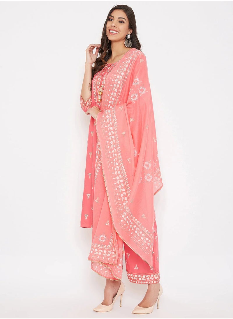 Pink Off-White Kurta With Palazzos Dupatta