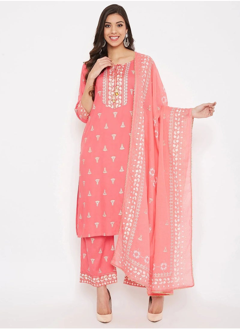 Pink Off-White Kurta With Palazzos Dupatta