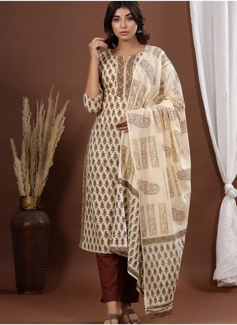 Brown & Beige Cotton Printed 3-Piece Kurta Set