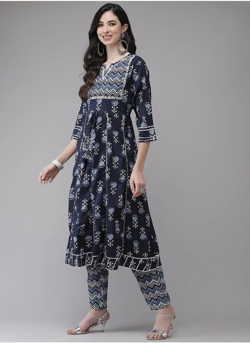 Blue Cotton Handblock Printed 3-Piece Kurta Set