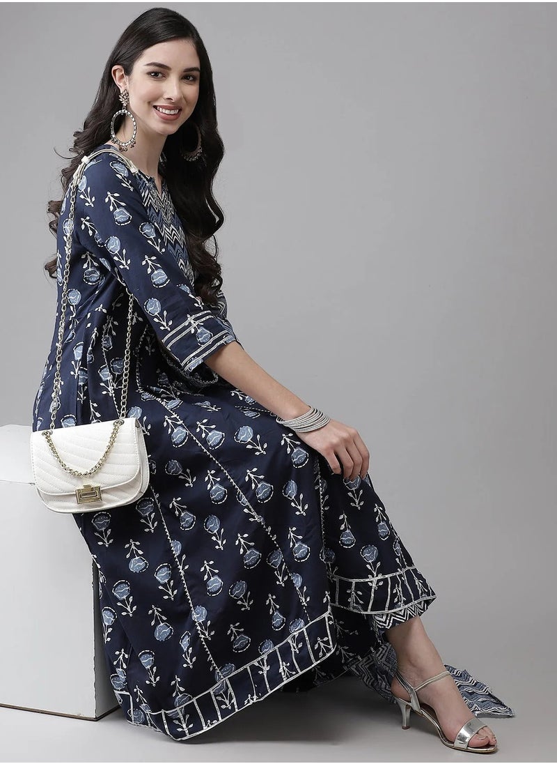 Blue Cotton Handblock Printed 3-Piece Kurta Set