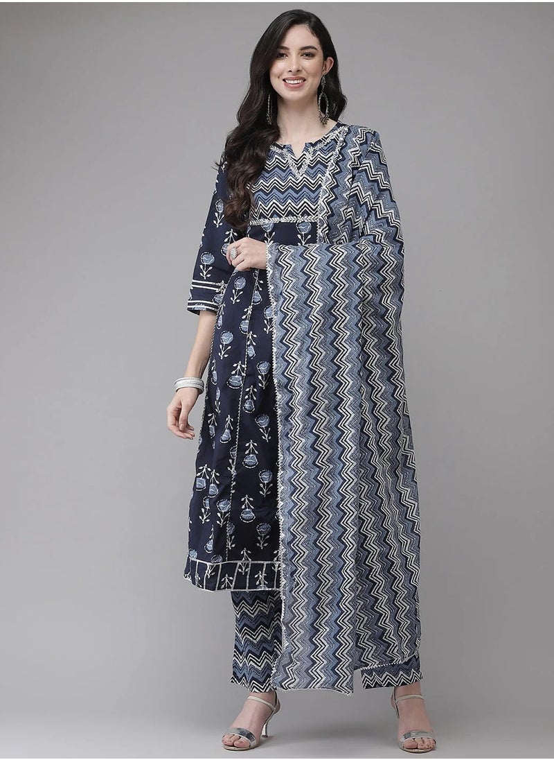 Blue Cotton Handblock Printed 3-Piece Kurta Set