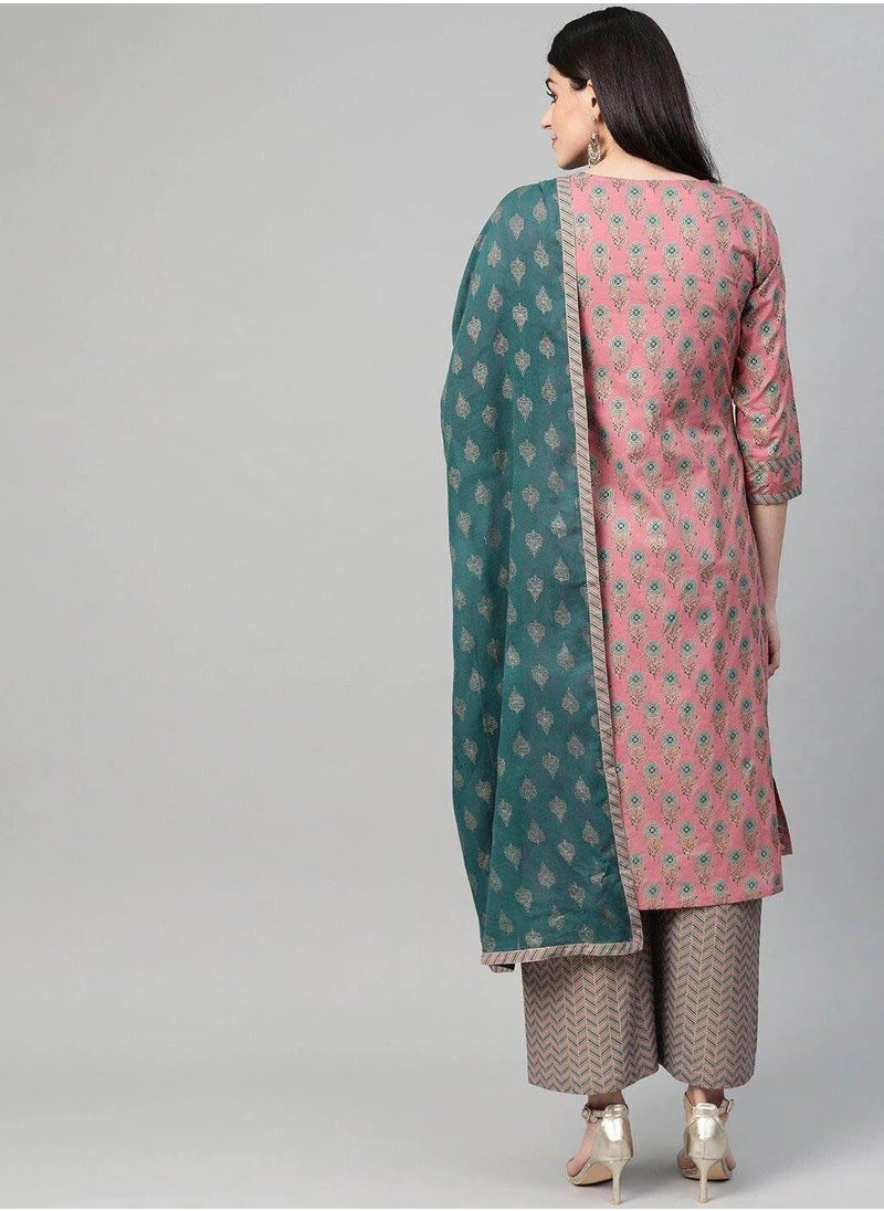 Pink & Blue Printed Kurta Palazzos & Dupatta