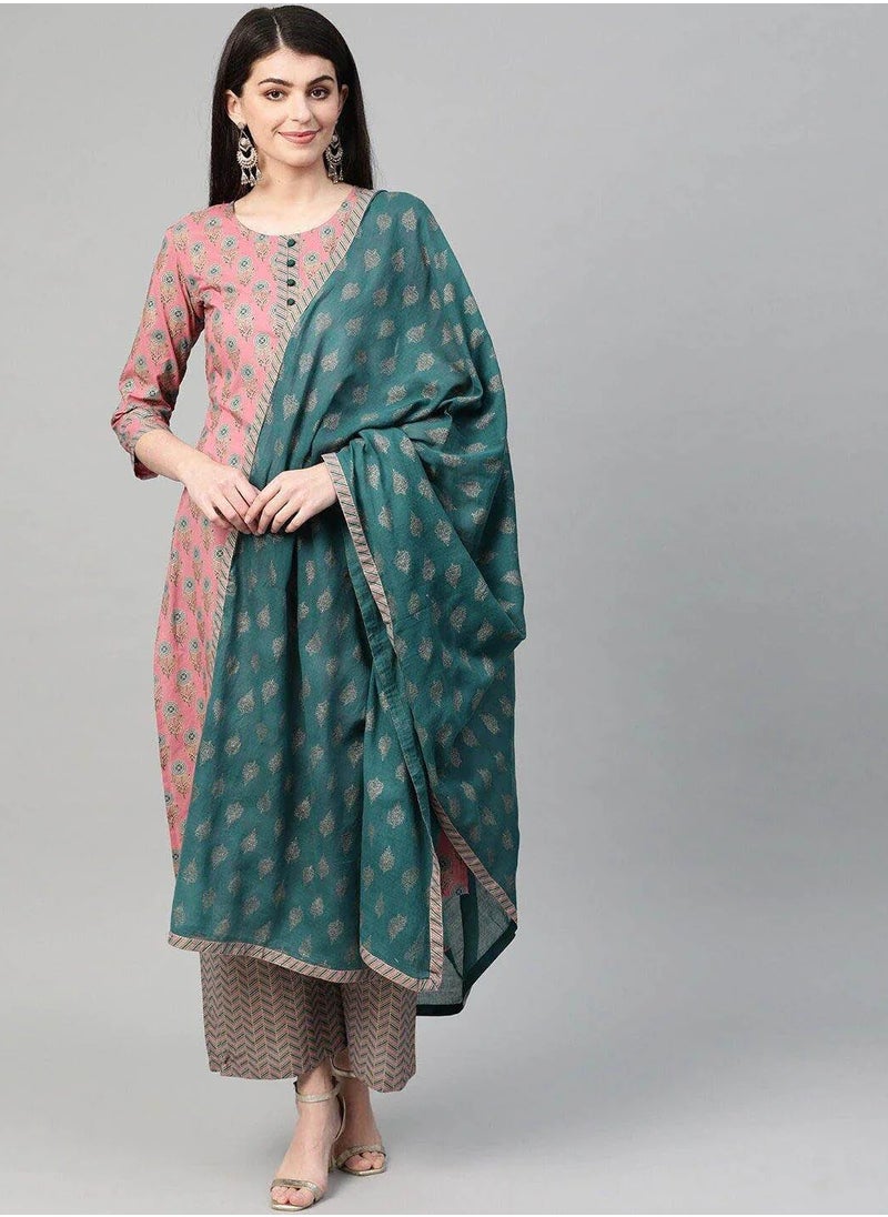 Pink & Blue Printed Kurta Palazzos & Dupatta