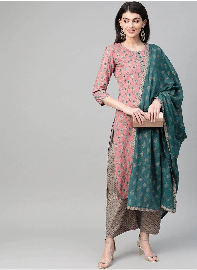 Pink & Blue Printed Kurta Palazzos & Dupatta