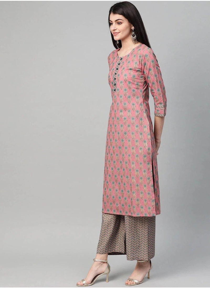 Pink & Blue Printed Kurta Palazzos & Dupatta