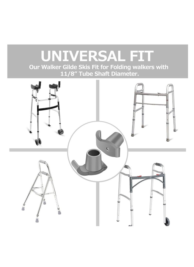 Glide Walkers Skis, Universal Fit Feet Glides Replacement for 1-1/8 Inch Tubes, Walker Accessories, Made of High Quality PVC+PP Material, Easy To Install & Remove, Indoor/Outdoor Use (4 Pack, Gray)