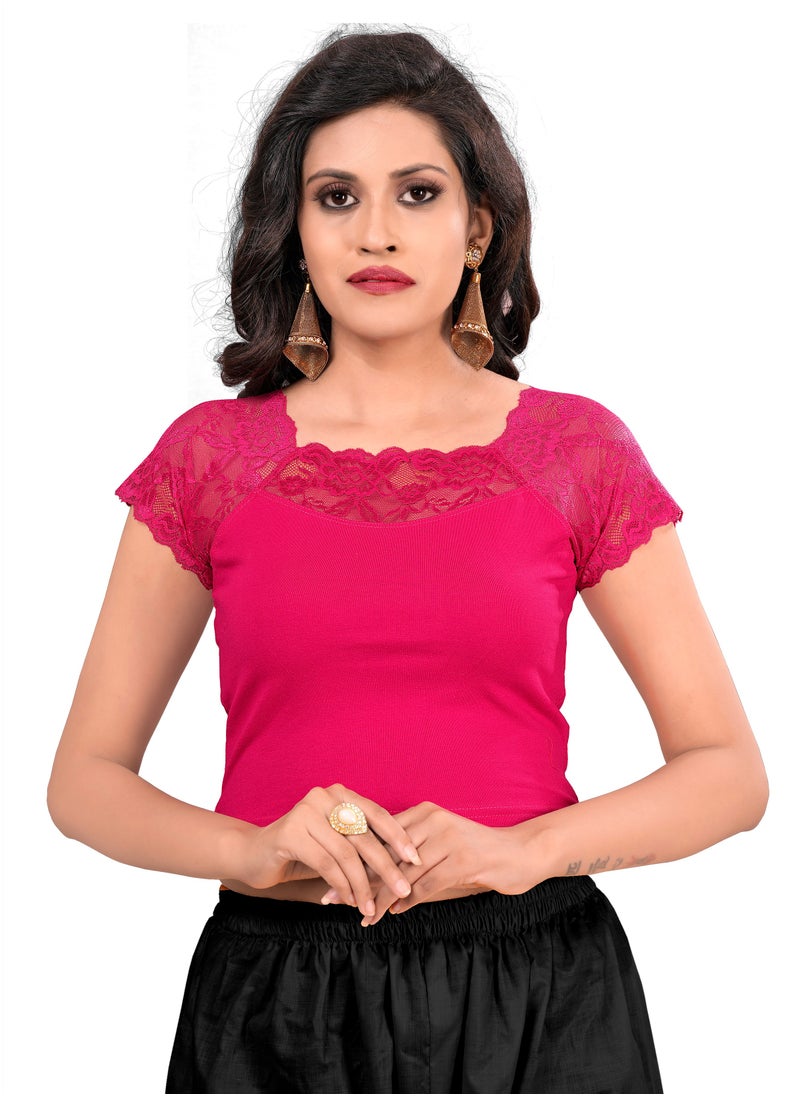 Women's Stretchable Cotton Lycra Blouse for Indian Women Ethnic Saree Blouse Crop Top - Short Sleeve, Round Neck, Free Size