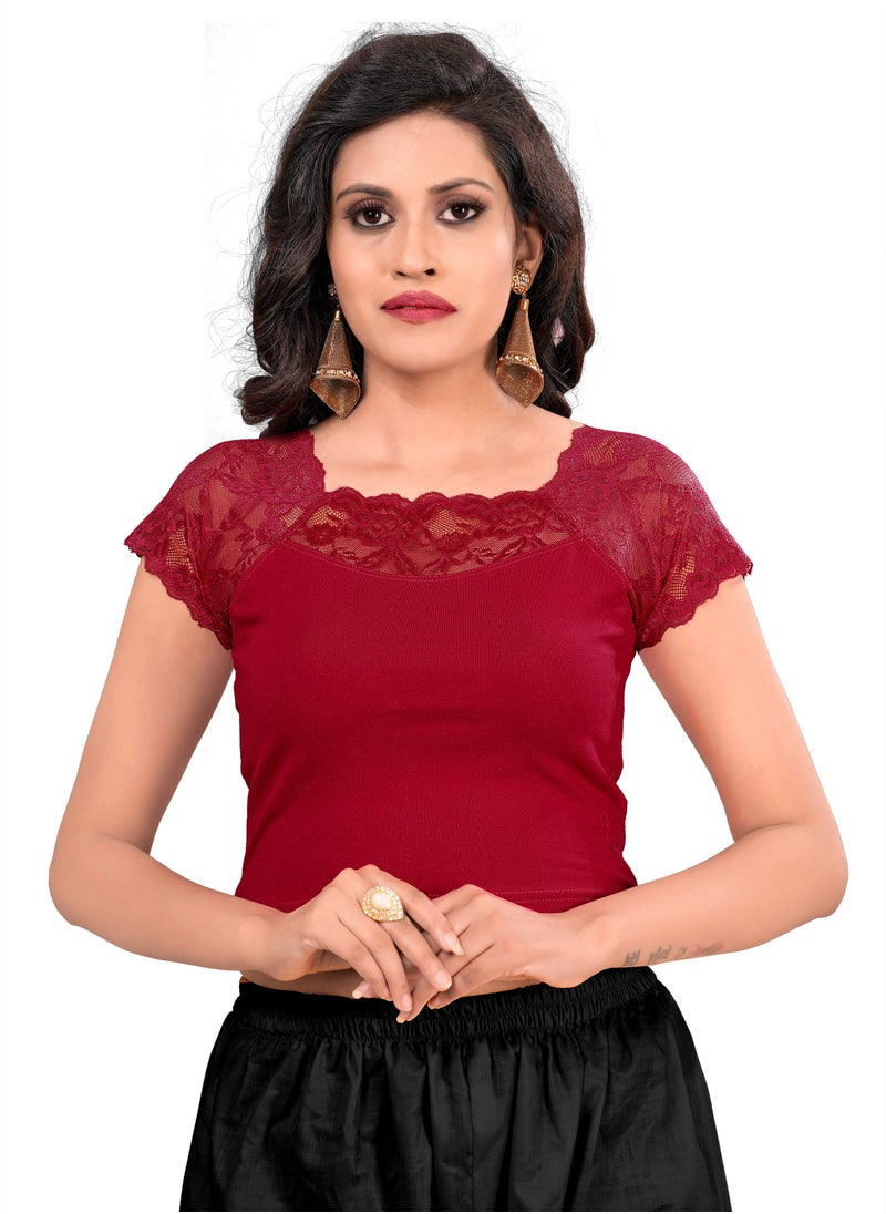 Women's Stretchable Cotton Lycra Blouse for Indian Women Ethnic Saree Blouse Crop Top - Short Sleeve, Round Neck, Free Size