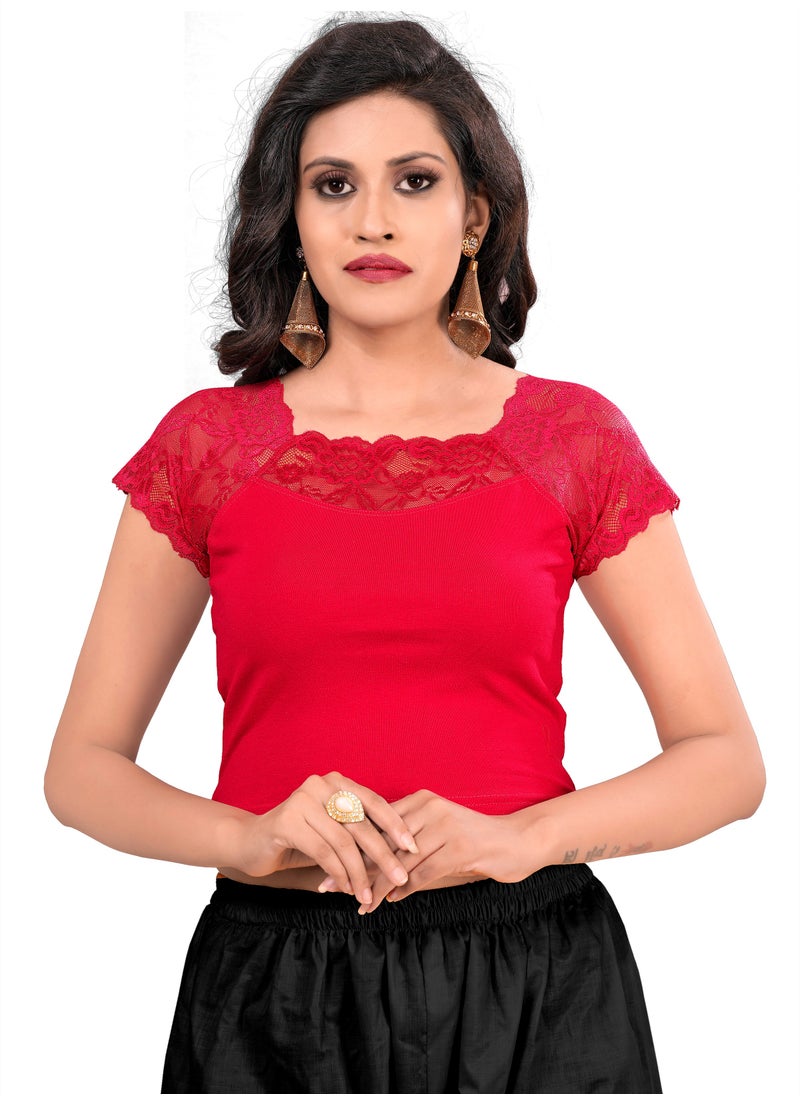 Women's Stretchable Cotton Lycra Blouse for Indian Women Ethnic Saree Blouse Crop Top - Short Sleeve, Round Neck, Free Size