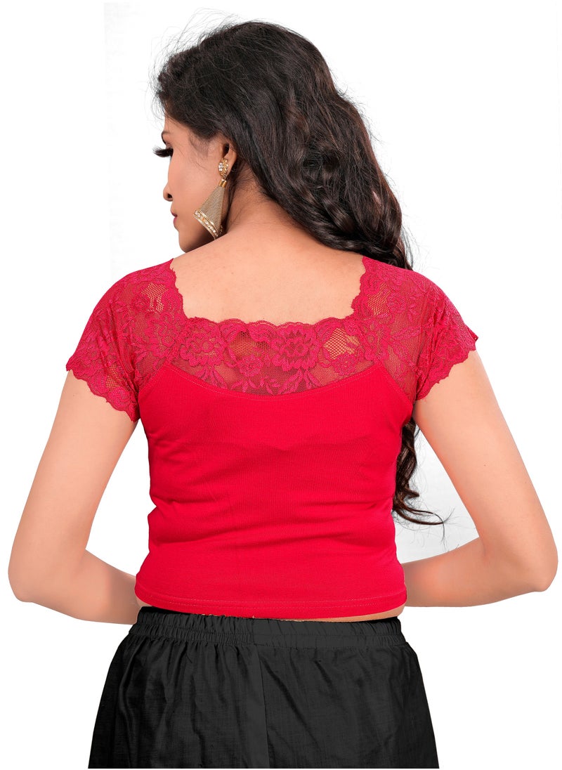 Women's Stretchable Cotton Lycra Blouse for Indian Women Ethnic Saree Blouse Crop Top - Short Sleeve, Round Neck, Free Size