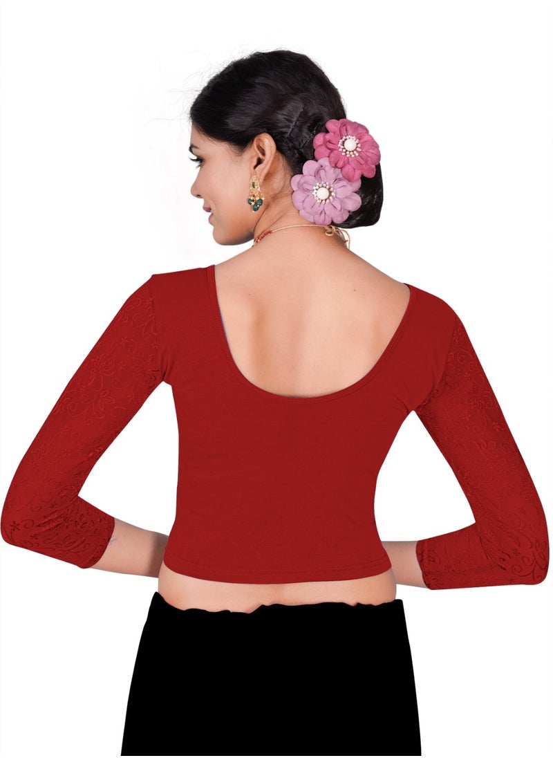 CRAZYBACHAT Readymade Designer Stretchable Blouse with ¾ Net Sleeves – Perfect for Sarees & Crop Tops