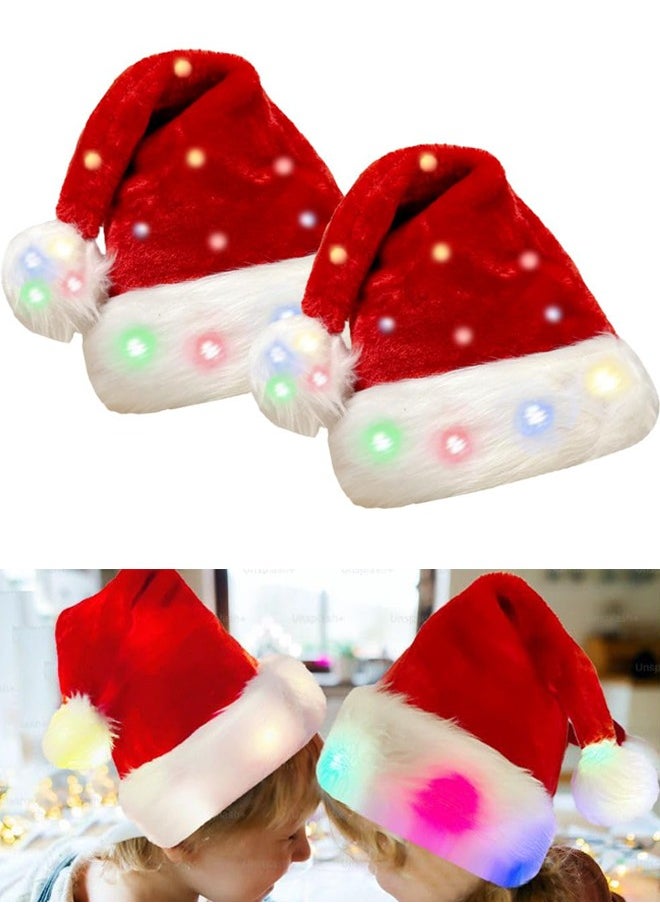 Santa Hats Christmas Hats for Adults Kids 2PCS Soft Thicken Classic Santa Hat LED Light for Xmas New Year Party