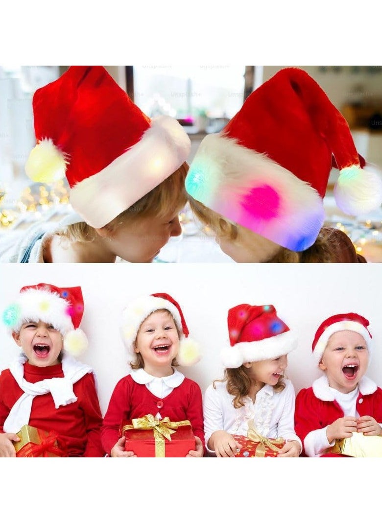 Santa Hats Christmas Hats for Adults Kids 2PCS Soft Thicken Classic Santa Hat LED Light for Xmas New Year Party