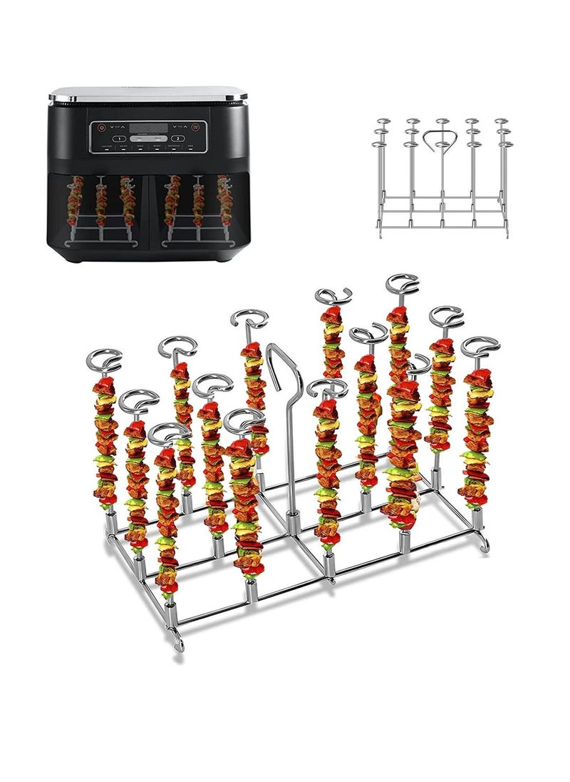 Air Fryer Skewer Rack for Ninja Dual, BBQ Rack with 14 Skewers, 304 Stainless Steel Grilling Rack Air Frye Racks, for Double Basket Air Fryers AF300UK AF400UK and Ninja 7.6L-9.5L