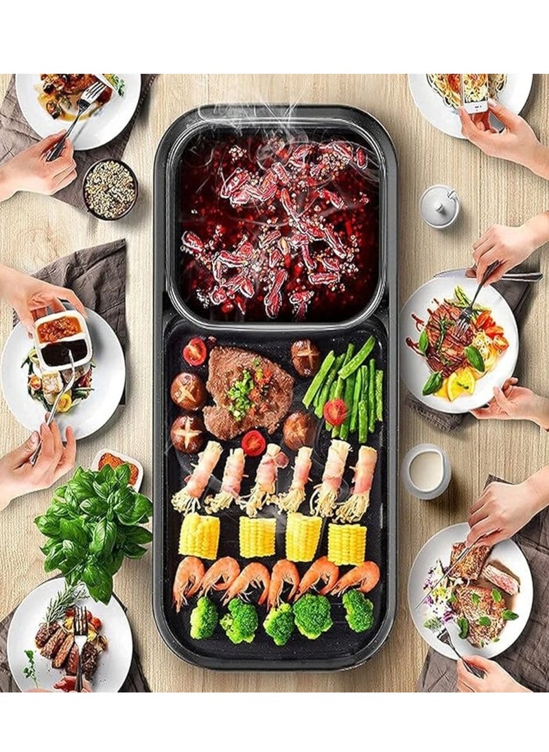 Disnie 2 in 1 Hot Pot & BBQ Grill Plate Baking Pan with Glass Lid Nonstick Coating Electric Pan with Grill Plate Smokeless Barbecue Machine