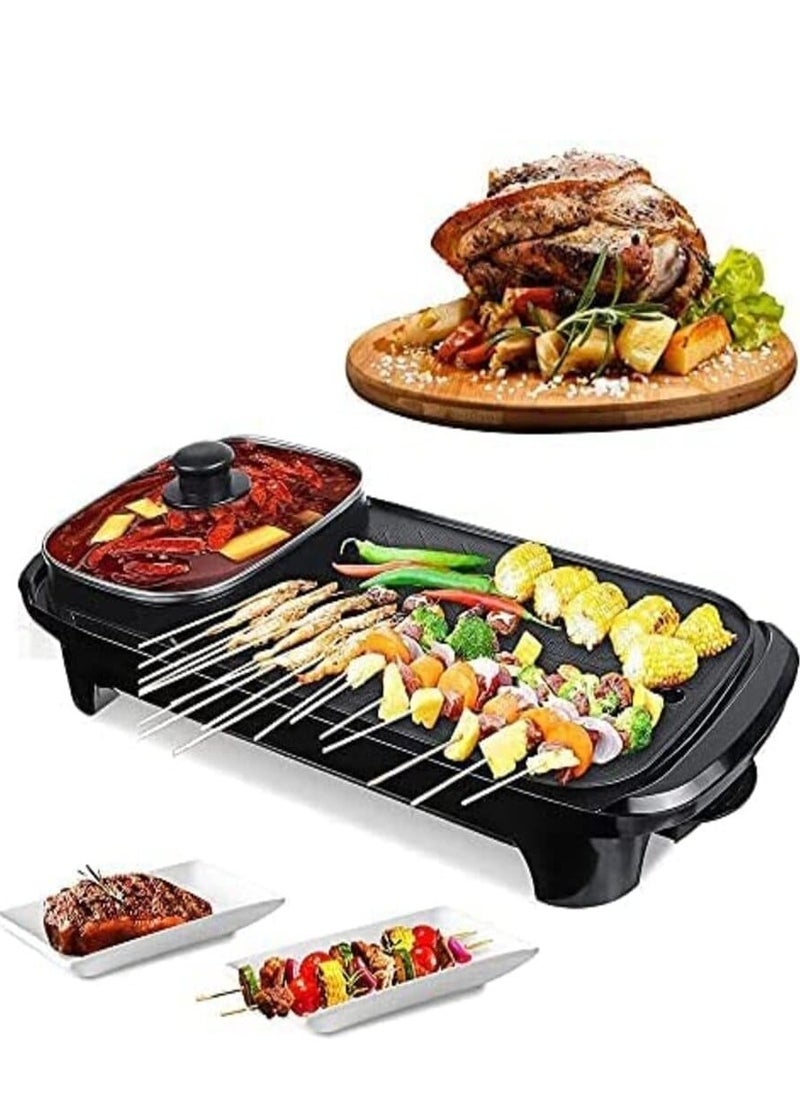 Disnie 2 in 1 Hot Pot & BBQ Grill Plate Baking Pan with Glass Lid Nonstick Coating Electric Pan with Grill Plate Smokeless Barbecue Machine