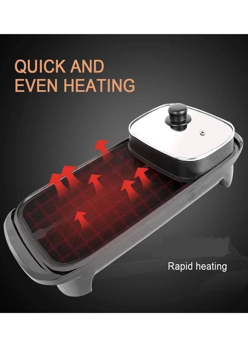 Disnie 2 in 1 Hot Pot & BBQ Grill Plate Baking Pan with Glass Lid Nonstick Coating Electric Pan with Grill Plate Smokeless Barbecue Machine