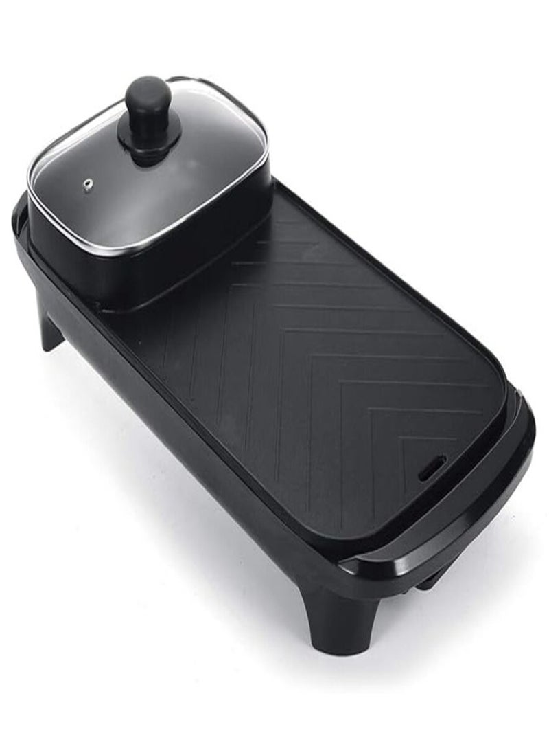 Disnie 2 in 1 Hot Pot & BBQ Grill Plate Baking Pan with Glass Lid Nonstick Coating Electric Pan with Grill Plate Smokeless Barbecue Machine