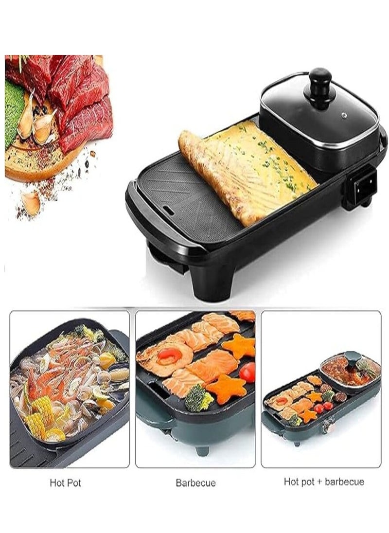 Disnie 2 in 1 Hot Pot & BBQ Grill Plate Baking Pan with Glass Lid Nonstick Coating Electric Pan with Grill Plate Smokeless Barbecue Machine
