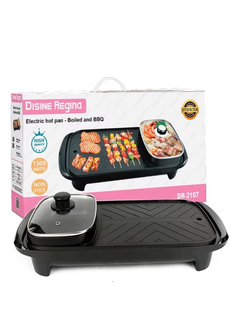 Disnie 2 in 1 Hot Pot & BBQ Grill Plate Baking Pan with Glass Lid Nonstick Coating Electric Pan with Grill Plate Smokeless Barbecue Machine