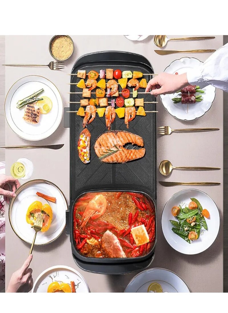 Disnie 2 in 1 Hot Pot & BBQ Grill Plate Baking Pan with Glass Lid Nonstick Coating Electric Pan with Grill Plate Smokeless Barbecue Machine