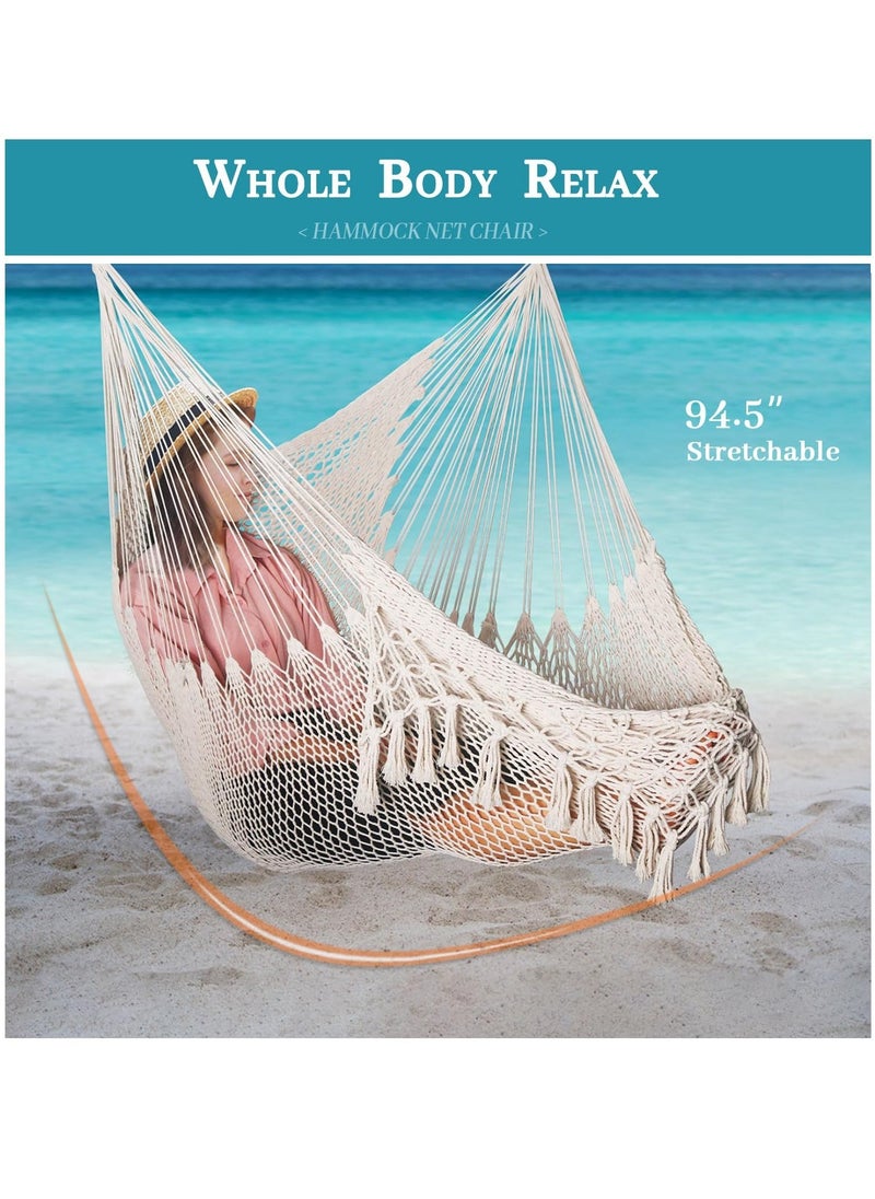 Handwoven Cotton Rope Hammock Chair with Metal Spreader Bar, Boho Hanging Chair Bedroom, Indoor Outdoor Swing Chair, for Bedroom, Indoor & Outdoor, Patio, Porch or Tree