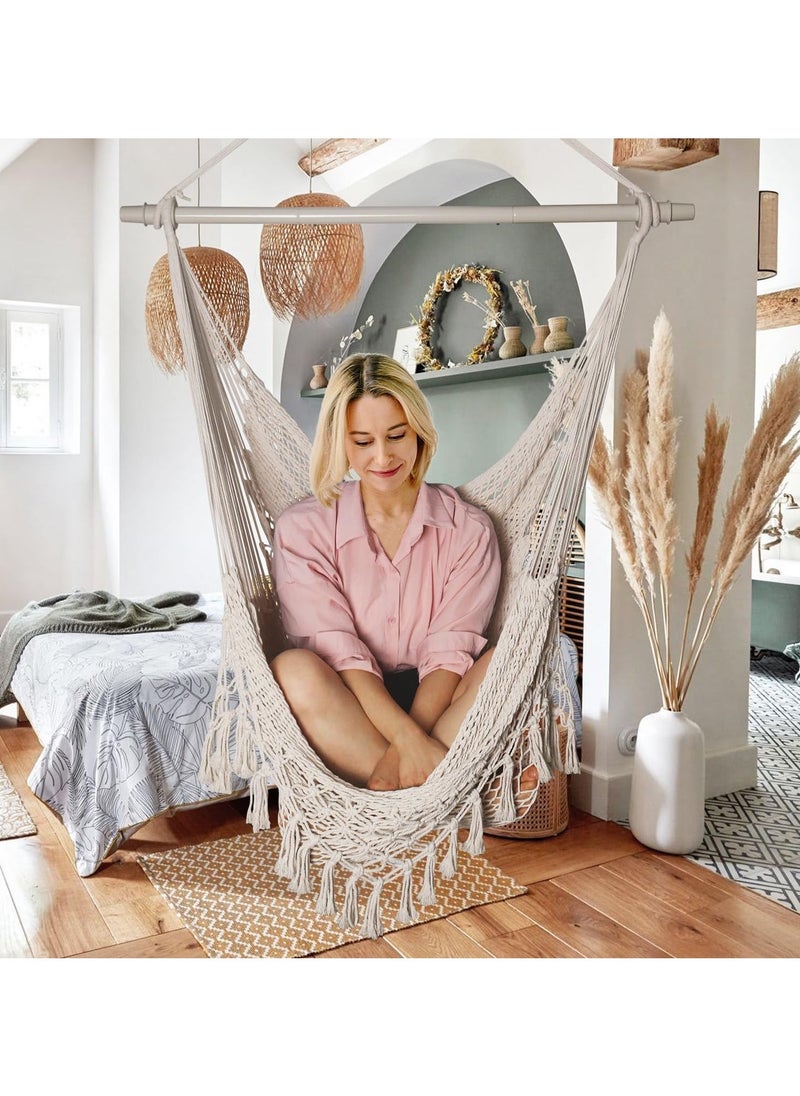 Handwoven Cotton Rope Hammock Chair with Metal Spreader Bar, Boho Hanging Chair Bedroom, Indoor Outdoor Swing Chair, for Bedroom, Indoor & Outdoor, Patio, Porch or Tree