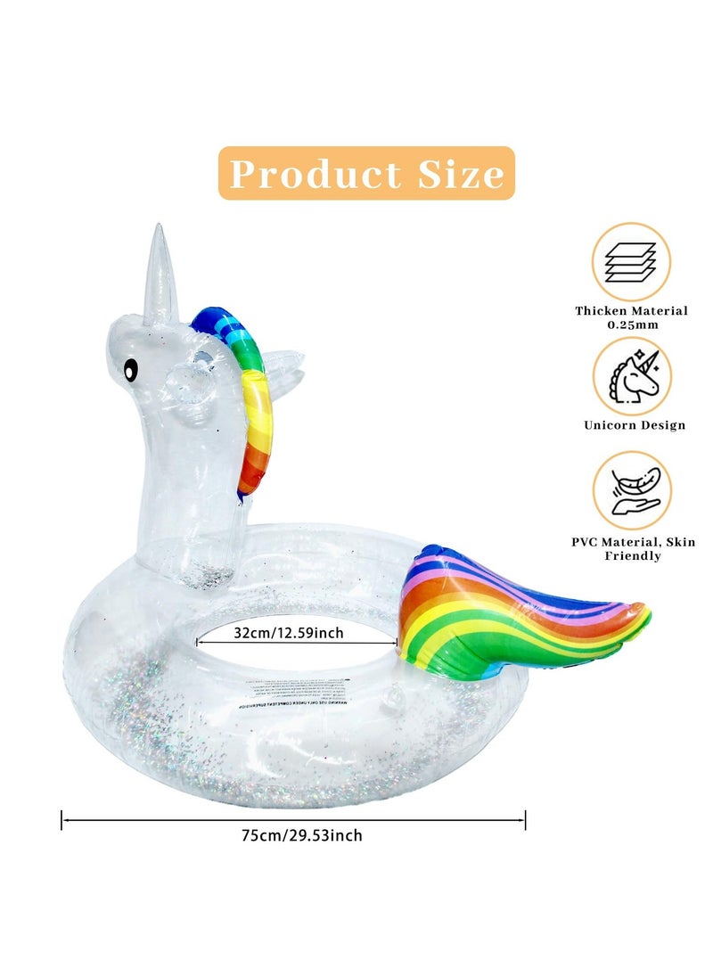 Unicorn Baby Swimming Pool Float with Canopy, Unicorn Pool Float with Glitter, Unicorn Swimming Ring Pool Floaties Toy Inflatable for Children Adults Pool Party Summer Beach Supplies (75cm)