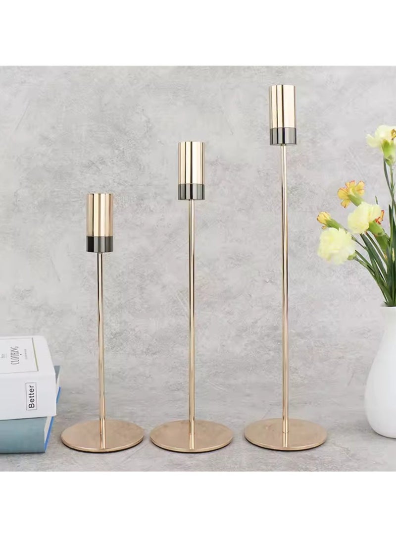 Golden Candlestick Holders, Set of 3 Taper Candle Holders, Minimalist Decor for Wedding, Dining, Party, Holiday Dinner, Table Centerpiece